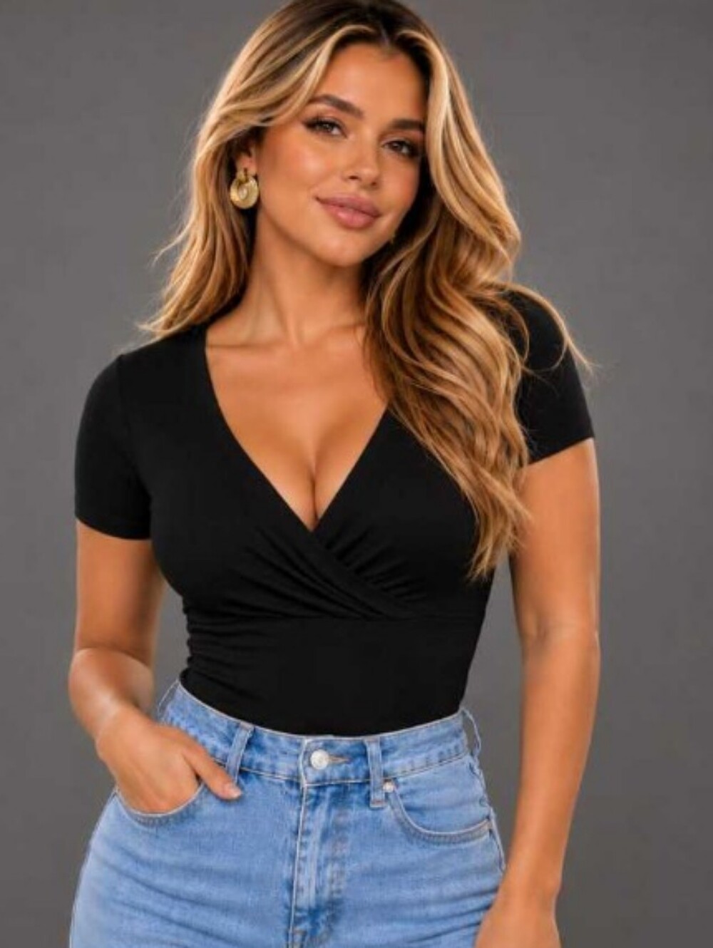 Bodysuit Black Bodysuit V-Neck Short Sleeve Large Wrap Style - Picture 2 of 2